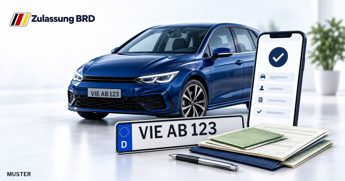 Online Fahrzeugzulassung in Landkreis Viersen: Musterkennzeichen VIE AB 123, Auto und Fahrzeugpapiere und Smartphone. Illustration mit Logo von Zulassung BRD.